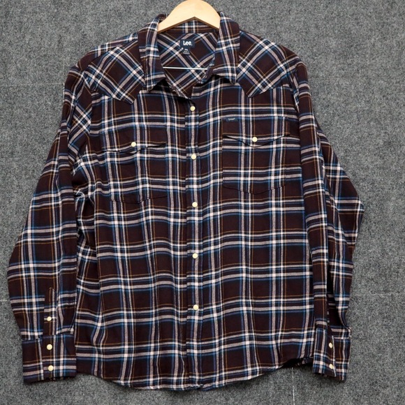 Lee Western Shirt Women's XXL Pearl Snap Long Sleeve Maroon Blue Plaid Flannel‎ - Picture 1 of 11